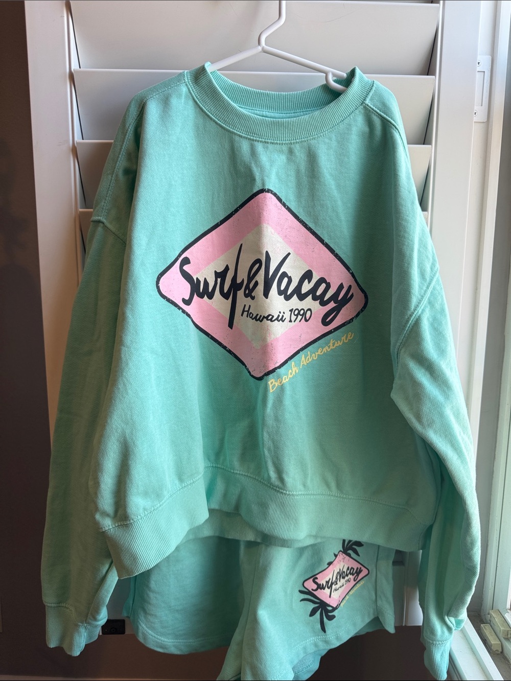 Zara Mint Graphic Crewneck Sweatshirt with Pink & Cream Logo & Matching Shorts